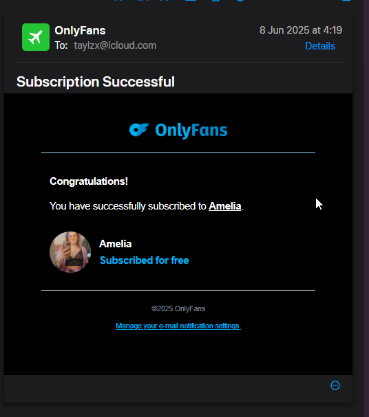 OnlyFans subscription confirmation showing successful subscription to Amelia